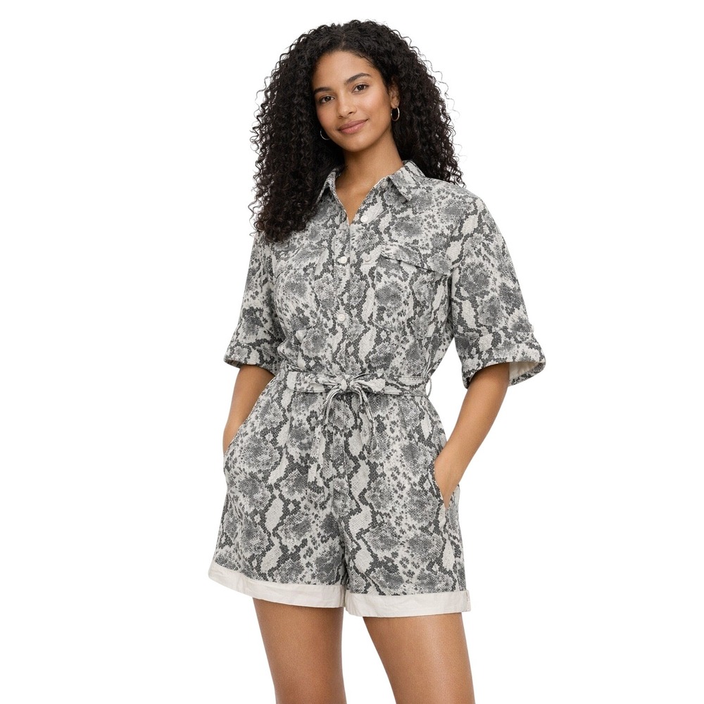PrettyLittleThing Snake Print Belted Utility Romper Short Sleeve